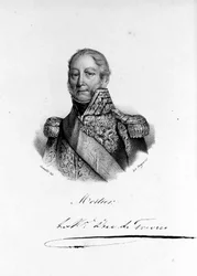 Portrét Adolphe Edouard Casimir Joseph Mortier, vévoda z Trevisa, francouzský maršál a politik (1768 - 1835). Rytina 19. století.