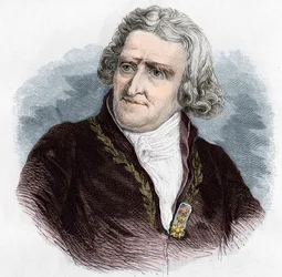 Portrét Antoina Augustina Parmentiera (1737 - 1813), francouzského vojenského lékárníka a agronoma. Rytina z roku 1866.
