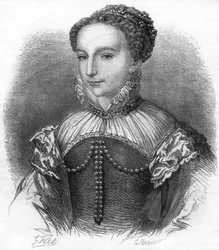 Portrét Catherine de Medicis (Caterina de Medici) (1519-1589), manželka francouzského krále Jindřicha II. 19. století rytina.