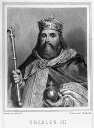 Portrét Karla III. (839 - 888), císaře Západu (881 - 887) a francouzského regenta (884 - 887) - v „Histoire des Français“ od Lavallée, rytina, sd.