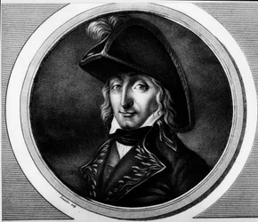 Portrét Charlese Pierra Francoise Augereaua, francouzského generála (1757-1816). Rytina v „“ Kompletní sbírka historických obrazů francouzské revoluce, ve třech svazcích.“““ 1804.