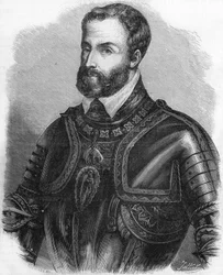 Portrét Karla V. (1500-1558), císaře Svaté germánské říše v letech 1519 až 1556. Rytina z 19. století.