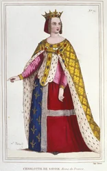 Portrét Charlotty de Savoy 1445 -1483 královny Francie v letech 1461 až 1483 Nevěsta Ludvíka XI (Le Prudent) v roce 1451, rytina z roku 1830