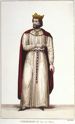 Portrét Childeberta I. (v. 495-558) krále Paříže. Rytina z roku 1830