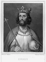 Portrét Eudes (Odona) (v. 860 - 898), hraběte z Paříže a Troyes, tehdejšího krále Francie - v „Histoire des Français““ od Lavallée, rytina, sd.