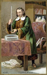 Portrét Evangelisty Torricelliho nebo Toricelliho (1608 - 1647), italského fyzika s jeho vynálezem Barometr (rtuťová trubice). Chromolitografie 19. století.