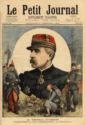 Portrét generála Jacquese Charlese Duchesna (1837-1918), velitele ozbrojených sil vyslaných na Madagaskar v roce 1894, obsadil Tananarive. Rytina v „“Le petit journal““ 3/12/1894. Selva sbírka.