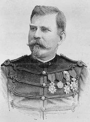 Portrét generála Josepha Joffreho (1852 - 1931). Rytina konce 19. století v „Histoire de France““ od H. Martina.