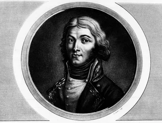 Portrét generála Louise Lazare Hoche (1768-1797). Rytina v „“ Kompletní sbírka historických obrazů francouzské revoluce, ve třech svazcích.“““ 1804.