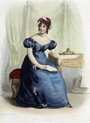 Portrét Germaine Neckerové, baronky ze Stael Holstein (Stael-Holstein) dit Madame de Stael (1766-1817) - v „“Le Plutarque Français““, ed. Mennechet