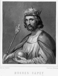 Portrét Huguese I. Capeta (v. 941 - 996), vévody francouzského a tehdejšího krále Francie - v „Histoire des Français““ od Lavallée, rytina, sd.