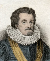 Portrét Jakuba I. (Jakub 1. Stuart) (1566-1625), anglický a irský král (nebo Jakub VI. (nebo Jakub VI.), skotský král) Rytina z 19. století.