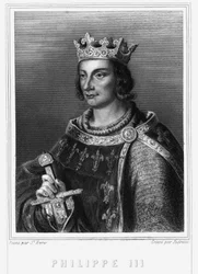 Portrét francouzského krále Filipa III., známého jako Filip Hardi (1245-1285) (dynastie Kapetů). Filip III., francouzský král. Filip III. Smělý (1245-1285) - v „“ Histoire des Français““ od Lavallée, rytina, sd.
