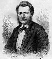 Portrét Louise Riela (1844-1885), kanadského politika a obránce lidu Metis. Rytina v „Le journal de la jeunesse““