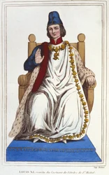 Portrét Ludvíka XI. v kostýmu řádu Saint Michel (1423 - 1483). rytina z roku 1830
