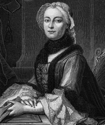 Portrét madame Geoffrinové, rozené Marie Therese (Marie-Therese) Rodet (1699-1777) – rytina z roku 1862 v „“The Queens of the World”” od našich prvních spisovatelů, kniha vydaná pod vedením Jean Germain Desire Armandaud