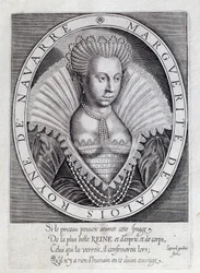 Portrét Marguerite de Valois (1553 - 1615) známé jako královna Margot. Rytina 16. století. Pau, Musee du Chateau