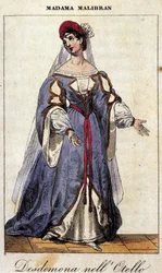 Portrét Marie Garciové zvané zpěvačka Malibran (1808-1836) v roli Desdemone pro „“Othella“ (Otello) od Gioachina Rossiniho. Teatro alla Scala 1833.