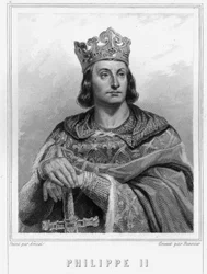 Portrét Filipa II. řekl Philippe Auguste (1165-1223), král Francie - v „Histoire des Français““ od Lavallée, rytina, sd.