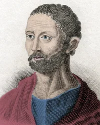 Portrét Posidonia řeckého filozofa Stoiciana (135-51 př. Kr.) (Poseidonios, Poseidonios, Posidonios z Apamee, Posidonios z Rhodu, Posidonius (latinsky), Posidonius z Apamee, Posidonius z Rhodu Rytina 19. století.