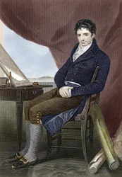 Portrét Roberta Fultona (1765 - 1815), amerického lodního mechanika (Nautilus). Rytina 19. století.