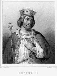 Portrét Roberta II. Pobožného (v. 972 - 1031), krále Francie - v „Histoire des Français““ od Lavallée, rytina, sd.