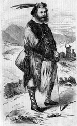 Portrét Roualeyn George Gordon Cumming (1820-1866), skotský cestovatel a lovec lvů. Rytina od Lintona v „“The Illustrous World”” č. 56 z 8. května 1858.
