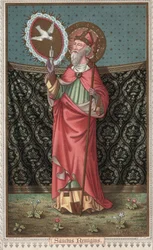 Portrét svatého Remiho (437-533) (Saint Remigius, Remy Remigio) návštěva holubice Ducha svatého (Ducha Svatého). Chromolitografie konce 19. století.
