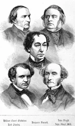 Portrét Williama Ewarta Gladstonea, Johna Brighta, Lorda Stanleyho, Johna Stuarta Milla a Benjamina Disraeliho – v „“The Contemporains“, n.d. koncem 19. století.