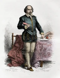 Portrét Williama Shakespeara (1564-1616), anglického spisovatele - rytina v „Dějinách Anglie, od nejstarších dob“ od Francoise Guizota 1877