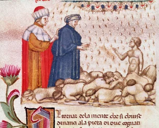 Portrét italského básníka Dante Alighieriho v kruhu obžerství (píseň 6 z pekla, v Božské komedii) - miniatura 15. stol.