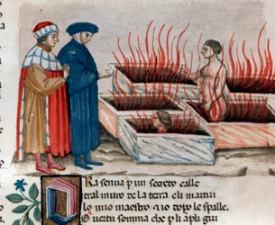 Portrét italského básníka Dante Alighieriho s Virgilem mezi kacíři jako Farinata degli Uberti (píseň 10 z pekla, v Božské komedii) - miniatura 15. století