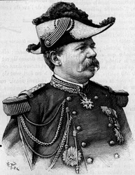 Portrét francouzského generála Francoise Perriera (1833-1888). Gravírování do „“ Příroda: přehled věd a jejich aplikací v umění a průmyslu““ z 3. března