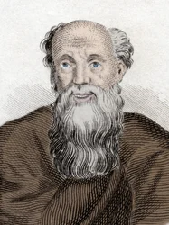 Portrét řeckého filozofa Démokrita (460-370 př. n. l.), Démokrita z Abdér. Rytina z 19. století.