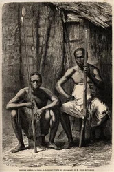 Portrét dvou Bakali válečníků. Kresba H. Castelliho pro ilustraci cesty doktora Griffona du Bellay do Gabonu v letech 1861-1864. Rytina v „“Le tour du monde““, editoval Edouard Charton