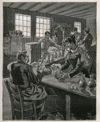 Keramika: plnicí keramika. Rytina z roku 1885 v „“Les arts et metiers illustres““ od Adolphe BITARDA.