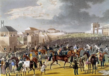 Přípravy na závod Epsom (Epsom Oaks: anglický koňský dostih). Rytina soukromé sbírky 19. století