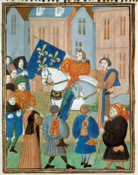Vyhlášení míru v Remeši dne 2. října 1435 po podepsání smlouvy z Arrasu mezi králem Karlem VII. a burgundským vévodou Filipem III. Dobrým ukončující občanskou válku mezi Armagnaky a Burgundy. Miniatura od „“ Kings and Queen