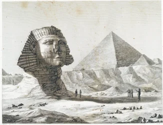 Pyramidy v Gíze: pohled na Sfingu a Velkou pyramidu, pořízený z jihovýchodu - v Popisu Egypta, císařská vydání