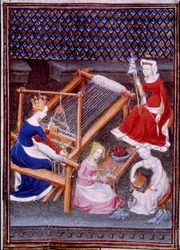 Královna Tanaquil, manželka římského krále Tarquina staršího, tkala miniaturu nakreslenou z „“De mulieribus claris“““ (Světlé a vznešené ženy)““ od Giovanniho Boccaccia (Boccaccia) (1313-1373)