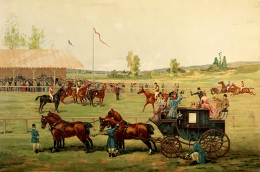 Závodní pole. Barevná chromolitografie konce 19. století. Paříž, dekorativní umění