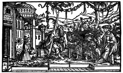 Raphaël Hythlodée, cestovatel, který strávil pět let v Utopii, vypráví Thomasi Moreovi a Pierru Gillesovi o své cestě. Xylografie vydaná v edici „Utopia“ od Thomase Morea (1478 - 1535) z roku 1516.