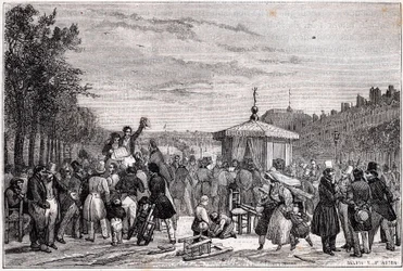 Čtení rozsudků zveřejněných v novinách Moniteur v zahradách královského paláce v Paříži 26. července 1830 během občanské války - revoluce 1830 -
