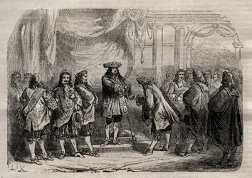 Rene Duguay Trouin (Duguay-Trouin) (Rene Trouin du Gue dit) (1673-1736) přebírá kříž Saint-Louis z rukou krále Ludvíka XIV. - rytina do „“ Dictionnaire populaire llustrious“ – 1864 – od Josepha Decembra a Edmond Allonier -