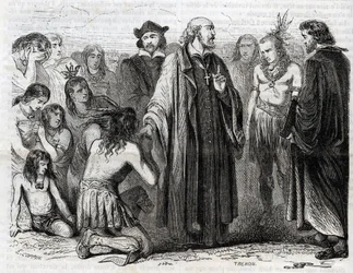 Reprezentace Bartolome de las Casas (1484-1566) dominikánský kněz, misionář u Indiánů“ (Portrét Bartolome de las casas, dominikánského mnicha a ochránce indiánů – rytina z roku 1860