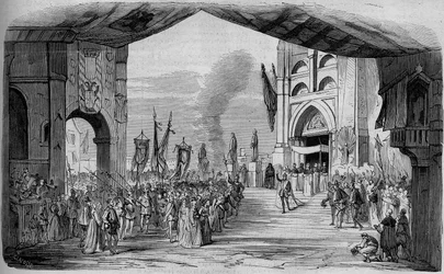 Reprezentace Dona Carla (Don Carlos) Opera v 5 jednáních od Giuseppe Verdiho v Pařížské opeře 11. března 1867. Car da fe, 3. jednání, výzdoba Cambona a Thierryho. Rytina z roku 1867.