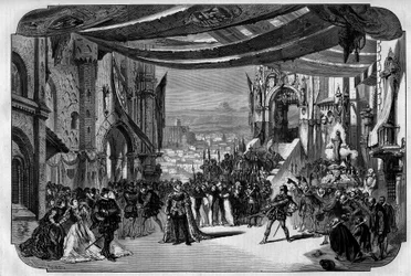 Reprezentace Dona Carla (Don Carlos) Opera v 5 jednáních Giuseppe Verdiho v Pařížské opeře 11. března 1867. Na Neuvilleově kresbě třetí jednání, čtvrtý obraz, scéna IX.