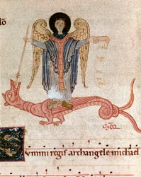 Znázornění archanděla svatého Michaela a draka Miniatura z postupného antifonáře (tropár) (ms. 65) Plaisance 12. století, Biblioteca Capitolare