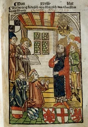 Zastoupení kostnického koncilu (1414-1418), který svolali císař Zikmund I. a antipapež Jan XXIII. Učinil přítrž velkému schizmatu Západu. Miniatura z roku 1414. Paříž. Polská knihovna