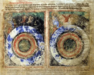 Reprezentace stvoření světa. Genesis. Miniatura z kodexu 212 (nebo kodexu padovano nebo Bible z Padovy) 1390-1400 Rovigo, Accademia dei Concordi